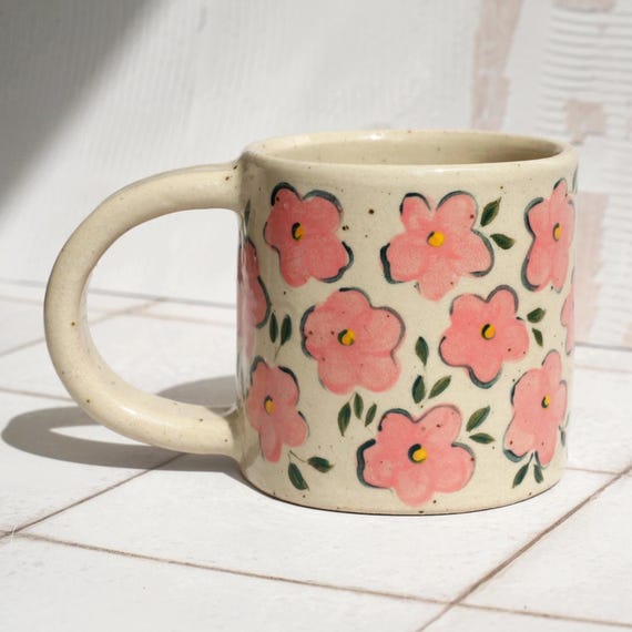 Hand Painted Floral Ceramic Mug: Handmade Stoneware Coffee Cup