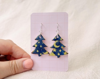 Ceramic Christmas tree dangles, night sky with gold lustre, sterling silver hooks