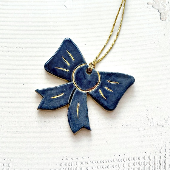 Handmade Ceramic Christmas Bow Ornament: Stoneware Clay Xmas Decor