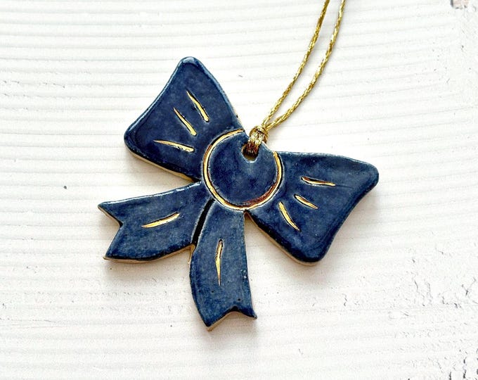 Handmade Ceramic Christmas Bow Ornament: Stoneware Clay Xmas Decor