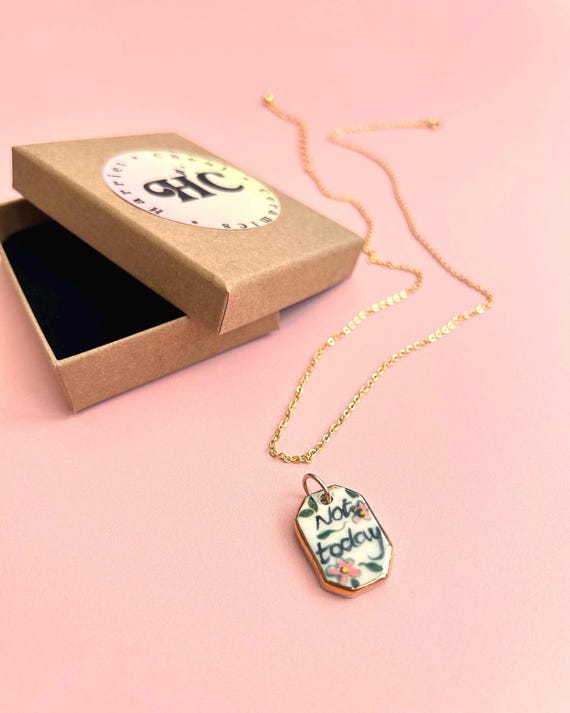 Hand Painted Pink Floral Ceramic Pendant, 'Not today', Gold Luster Edge