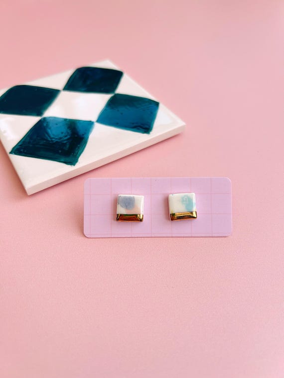 Hand-Painted Ceramic Square Stud Earrings with Gold Lustre | Sterling Silver Posts