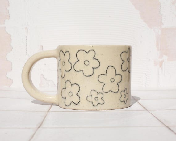 slight seconds* Hand Painted Pencil Floral Ceramic Mug: 310ml Handmade Stoneware Coffee Cup