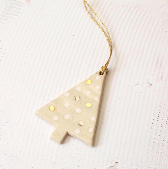 Handmade Ceramic Christmas Tree Ornament: Stoneware Clay Xmas Decor, Gold and Platinum Lustre