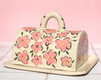 Ceramic Butter dish, Hand Painted Floral pattern