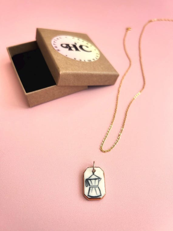 Handmade Ceramic Espresso Coffee Moka Pot Pendant (2cm): Gold Luster Edge