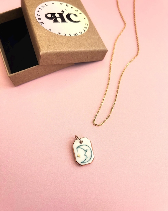 Hand-Painted Ceramic Celestial Moon Face Pendant (1.9cm)– Gold Lustre Edge