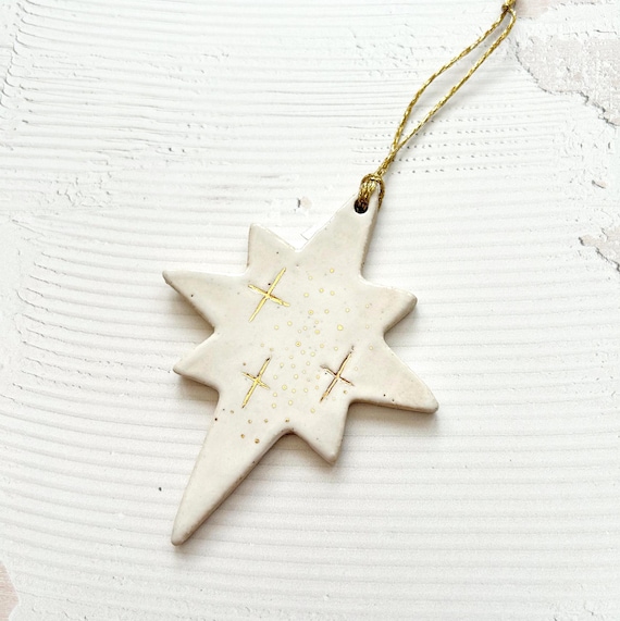 Handcrafted Ceramic Star Hanging Tree Ornament - Christmas Decoration with Genuine Gold Lustre Detail