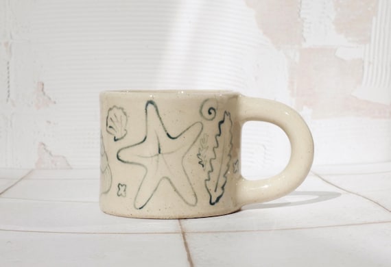 Handmade Ceramic Small Shell Mug: 270ml Pencil Drawing, Ocean Decor