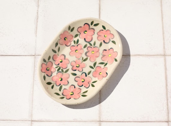 Hand-Painted floral Stoneware Trinket Dish – Slab Built Ceramic Tray