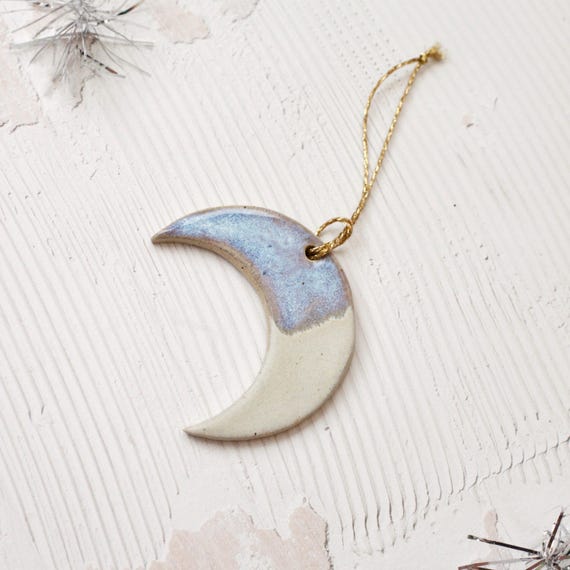Handmade Ceramic Hanging Moon Decoration - Blue and White Glaze