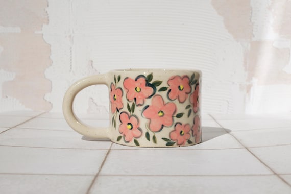 Handmade Small Floral Ceramic Mug: 215ml Stoneware Pottery Coffee Cup