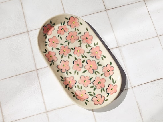 Hand painted floral stoneware tray - Slab built hand made pottery