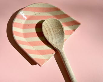 Spoon Rest for Kitchen Side, Pink Stripe Glaze Pattern, Stoneware Pottery