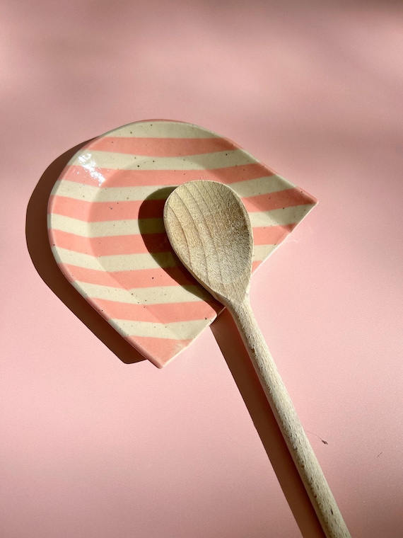 Spoon Rest for Kitchen Side, Pink Stripe Glaze Pattern, Stoneware Pottery