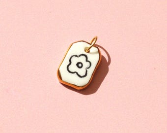 Simple Black Flower Pendant With Gold Lustre – Minimalist Ceramic Flower Pendant – Hand Painted Black & White Floral Charm