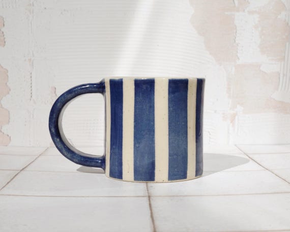 Handmade Stoneware Ceramic Striped Mug 330ml - blue and Clear Glaze on speckled clay