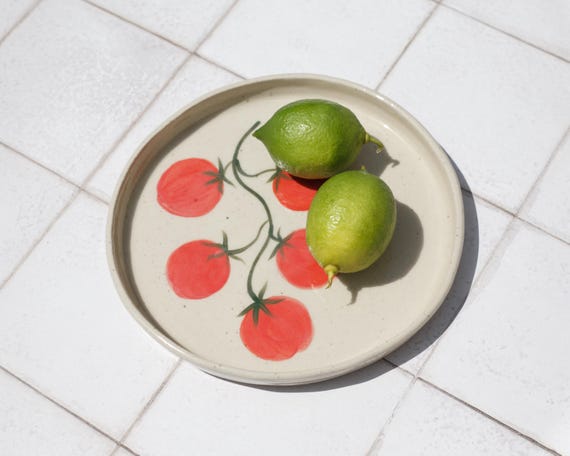 Hand painted tomatoes stoneware plate - Slab built hand made tomato pottery dish