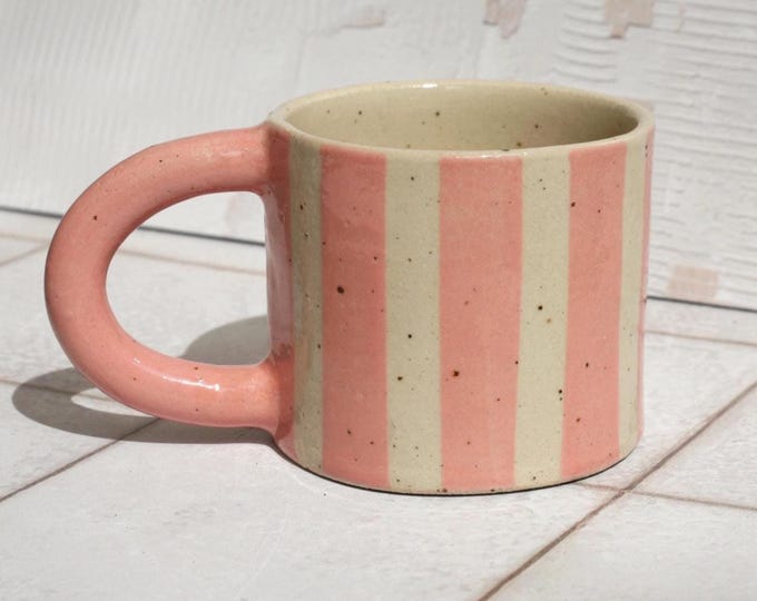 Small Ceramic Striped Mug with Pink -  round handle