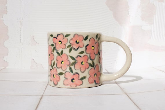 Hand Painted Floral Ceramic Mug: 335ml Handmade Stoneware Coffee Cup