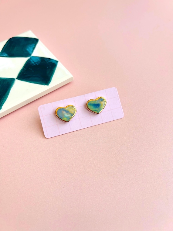 Hand-Painted Ceramic Heart Stud Earrings with Gold Lustre