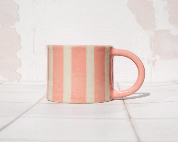 Hand Painted Pink Stripe Ceramic Mug: 310ml Handmade Stoneware Coffee Cup