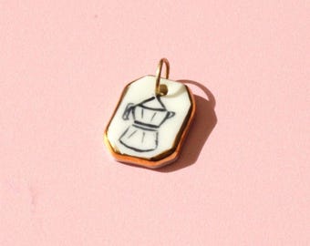 Handmade Ceramic Espresso Pot Pendant With Gold Lustre – Porcelain Coffee Charm with Gold Edges,  Necklace Pendant