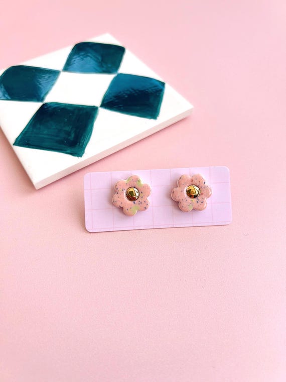 Hand-Painted ceramic Flower Stud Earrings with Gold Lustre and Sterling Silver Posts