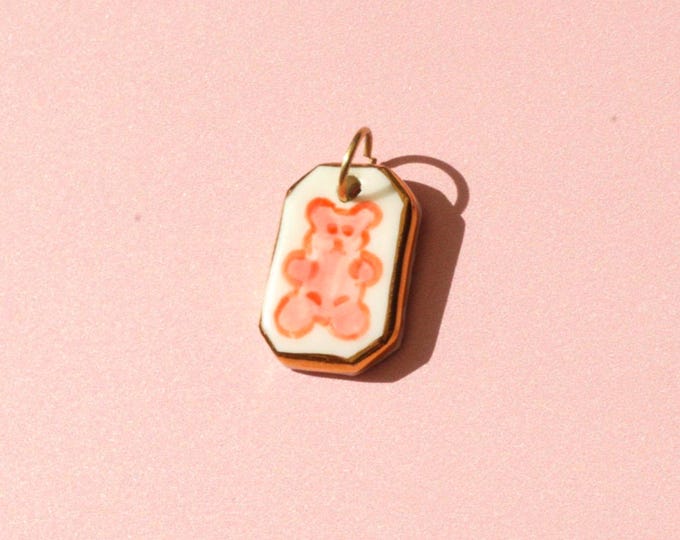 Pink Gummy Bear Porcelain Pendant: Gold Lustre Accent