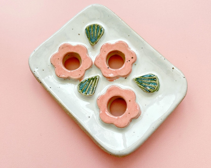 Ceramic Soap Dish with Pink Flowers