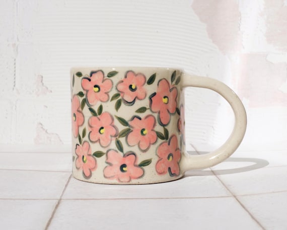 Hand Painted Floral Ceramic Mug: 335ml Handmade Stoneware Coffee Cup