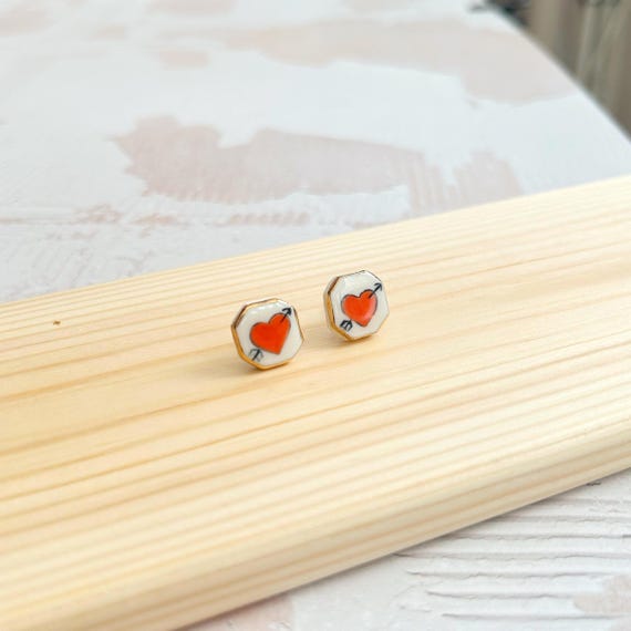 Hand-Painted Ceramic Heart Stud Earrings with Gold Lustre | Sterling Silver Posts