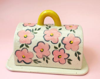 Ceramic Butter dish, Hand Painted Floral pattern