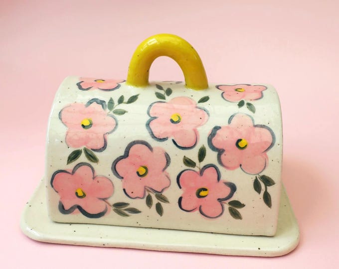 Ceramic Butter dish, Hand Painted Floral pattern