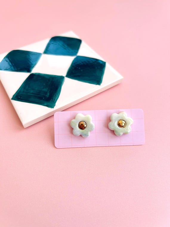 Hand-Painted ceramic Flower Stud Earrings with Gold Lustre and Sterling Silver Posts