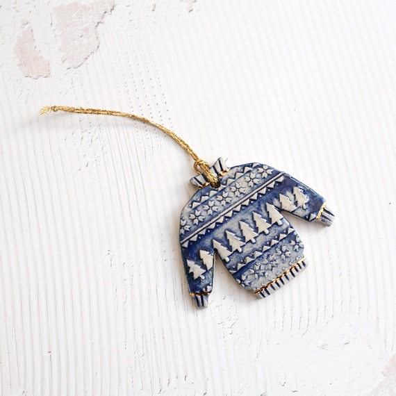 Christmas Tree Ornament with Blue Glaze - Festive Jumper Design
