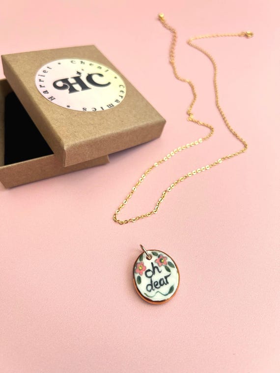 Hand Painted Pink Floral Ceramic Pendant, 'oh dear', Gold Luster Edge