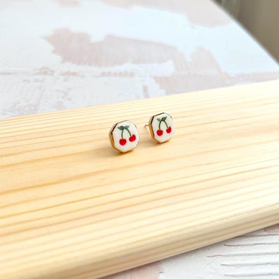 Hand-Painted Ceramic Cherry Stud Earrings with Gold Lustre | Sterling Silver Posts