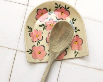 Spoon Rest for Kitchen Side, Hand Painted Floral Pattern, Stoneware Pottery