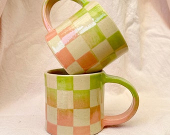 Handmade Stoneware Pottery Chequered Mug, Pink/Green Gradient with Clear Glaze