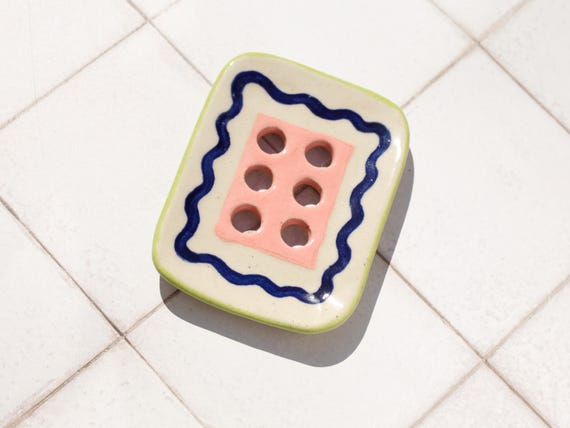 Handmade Ceramic Soap Dish: Fun Abstract Pattern, Speckled Clay with Drainage