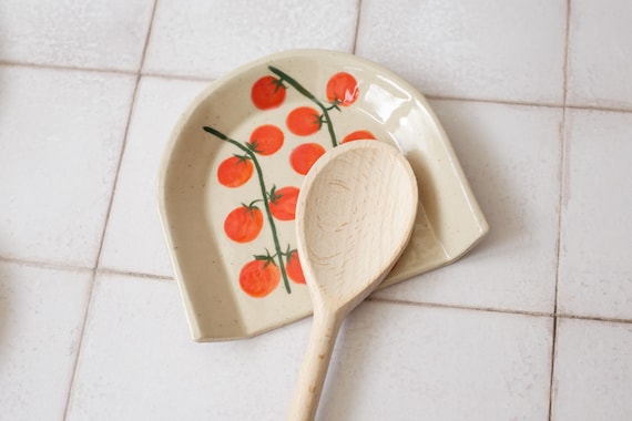 Spoon Rest for Kitchen Side, Hand Painted tomatoes Pattern, Stoneware Pottery