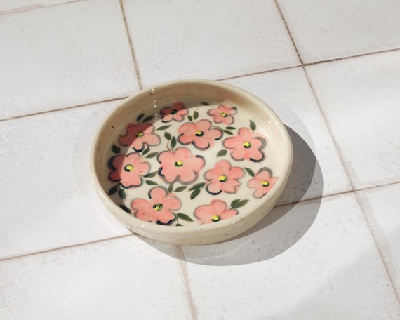 Hand-Painted Floral Stoneware Tray: Handmade Ceramic Trinket Dish