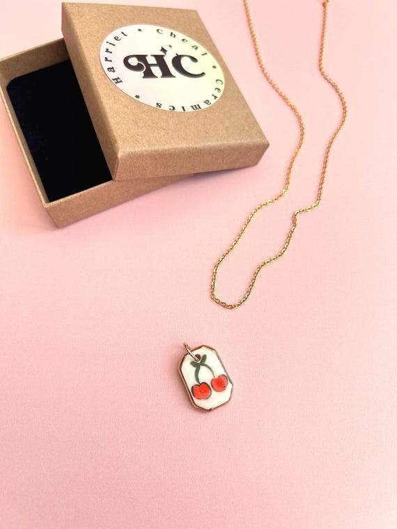 Handmade Ceramic Painted Cherry Pendant: Gold Lustre Edge