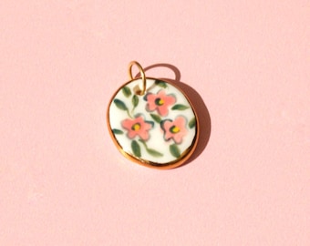 Pink Floral Oval Pendant  – Handmade Ceramic Pink Floral Pendant With Gold Lustre – Vintage Style Flower Charm for Necklace