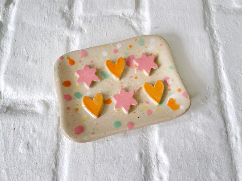 Handmade Ceramic Soap Dish Collaboration with Natalie Lea Owen, Colourful Glaze, Geometric Shapes image 1