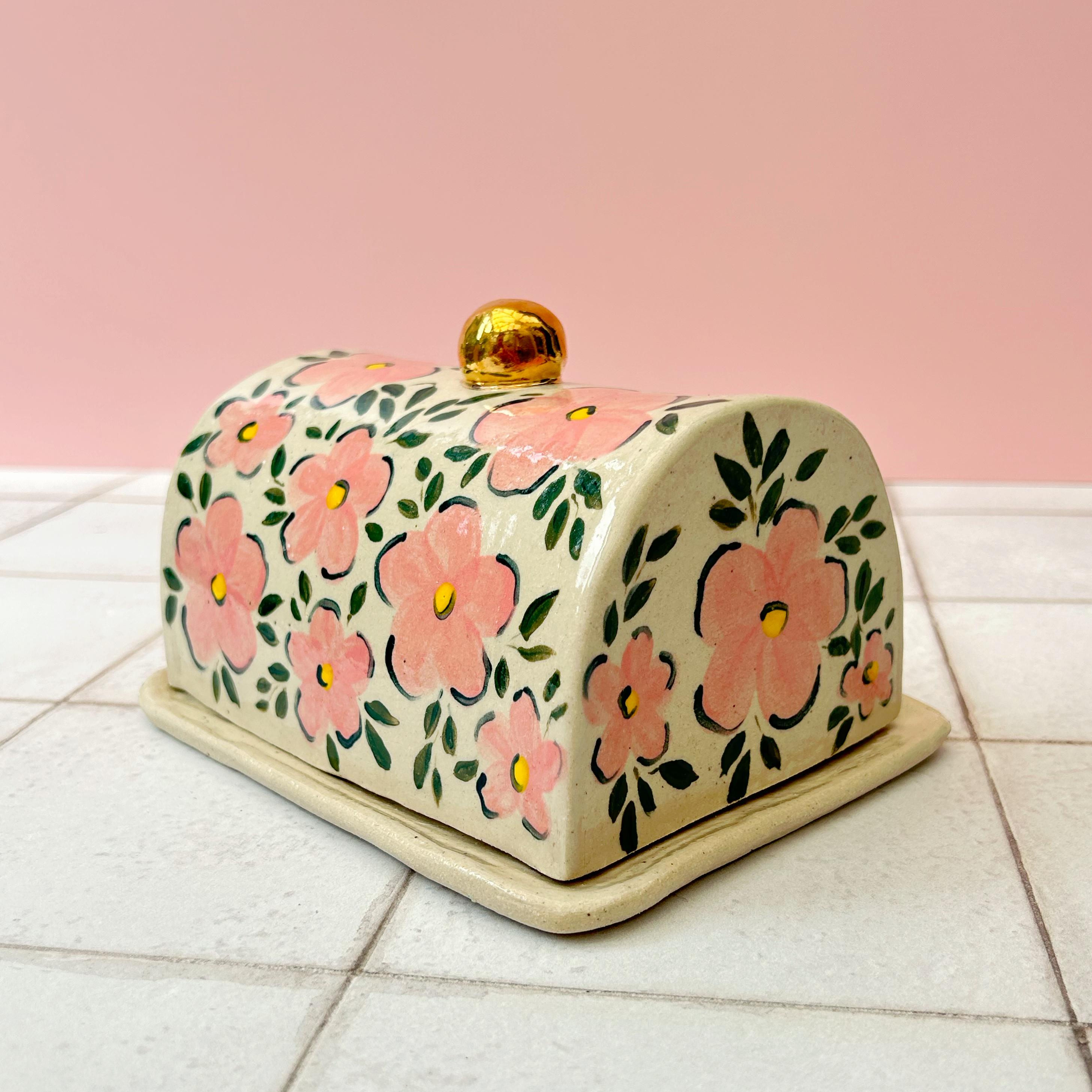 Ceramic Butter dish Hand Painted Floral pattern Gold Lustre Detail
