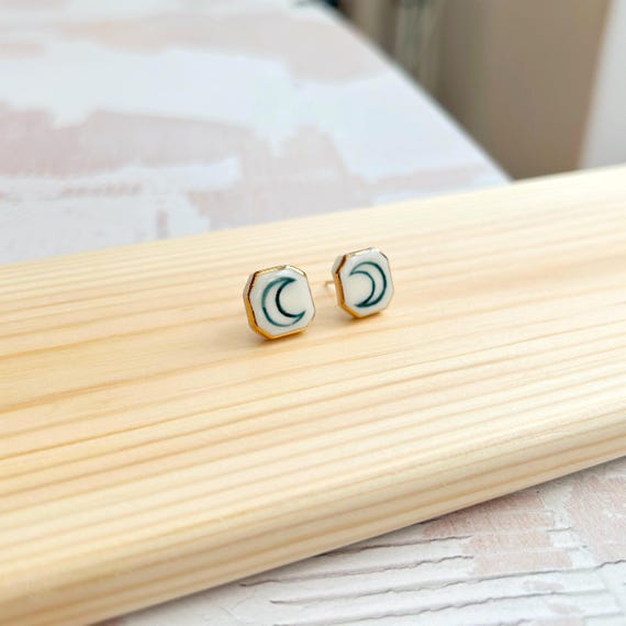 Hand-Painted Ceramic Moon Stud Earrings with Gold Lustre | Sterling Silver Posts
