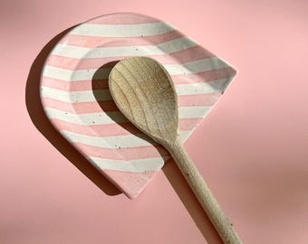 Spoon Rest for Kitchen Side, Pink/white Stripe Glaze Pattern, Stoneware Pottery