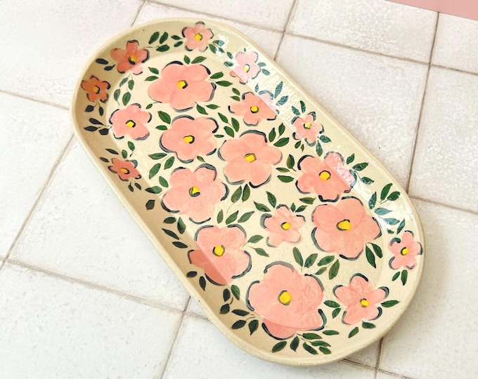 Hand painted floral stoneware tray - Slab built hand made pottery